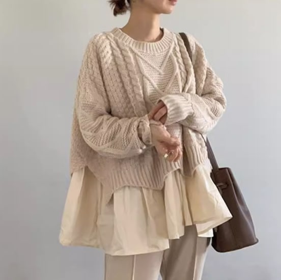 レディース トップス ニット セーター プルオーバー 長袖 ドロップショルダー ラウンドネック ワイド ケーブルニット 伸縮性 かわいい 大人可愛い シンプル カジュアル おしゃれ こなれ感 無地 秋