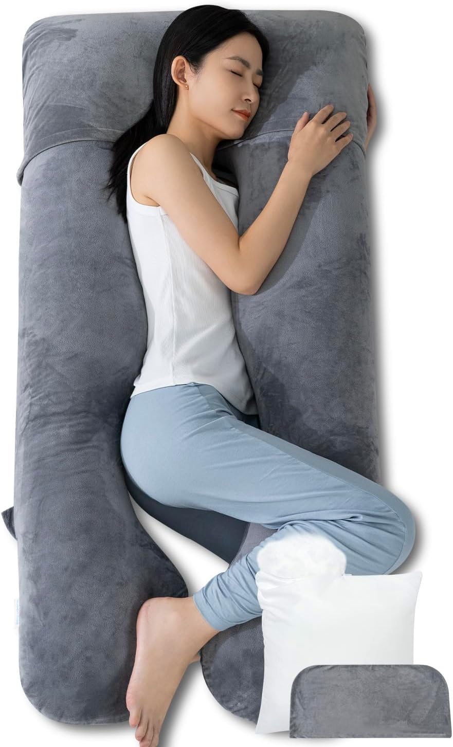 Queen Rose 抱き枕 妊婦用・男性用 U字型 だきまくら ベロア生地 洗えるカバー・補充綿付き 体圧分散 快眠サポート マタニティ枕 大きいサイズ ダックグレー
