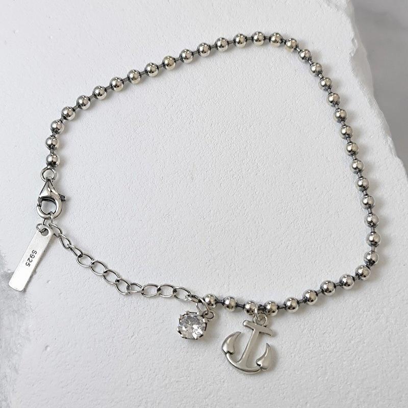 【【Silver 925】アンカー×ビジュブレスレット　アクセサリー　アレルギー対応　洗練　シンプル