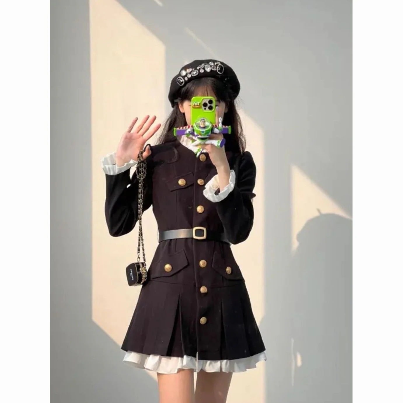 涼しく楽ちんセットアップハロウィン大きいサイズの高級ウエストとスリムなシングルブレストスーツスカートの大きいサイズフレンチスタイル長袖パッチワークドレス秋コスプレレディース