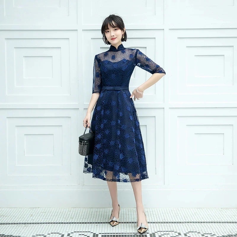 パーティードレス結婚式ワンピースドレス袖ありレースAラインお呼ばれ二次会