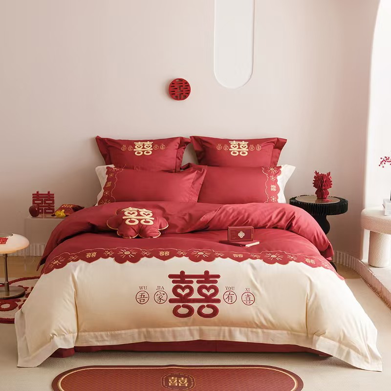 2025 New Class A 100オーストラリアコットンウェディング刺繍アップリケ4ピースセットウェディングレッドピュアコットンチャイニーズスタイル