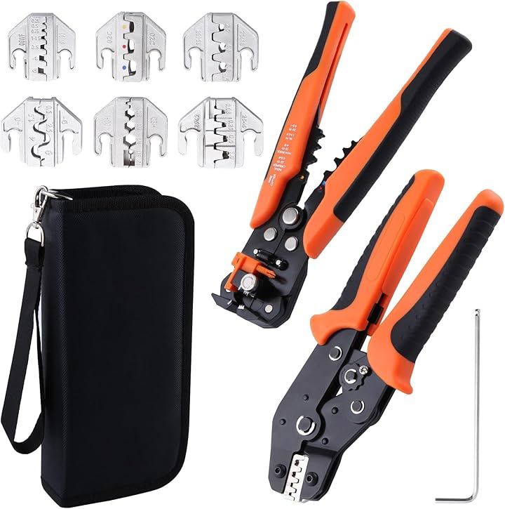 ダイス交換式 クイックダイス マルチ圧着工具セット 23-10AWGラチェット圧着ペンチ 自動ワイヤーストリッパー マルチワイヤーストリッパー 24-10AWG (オレンジ ブラック)