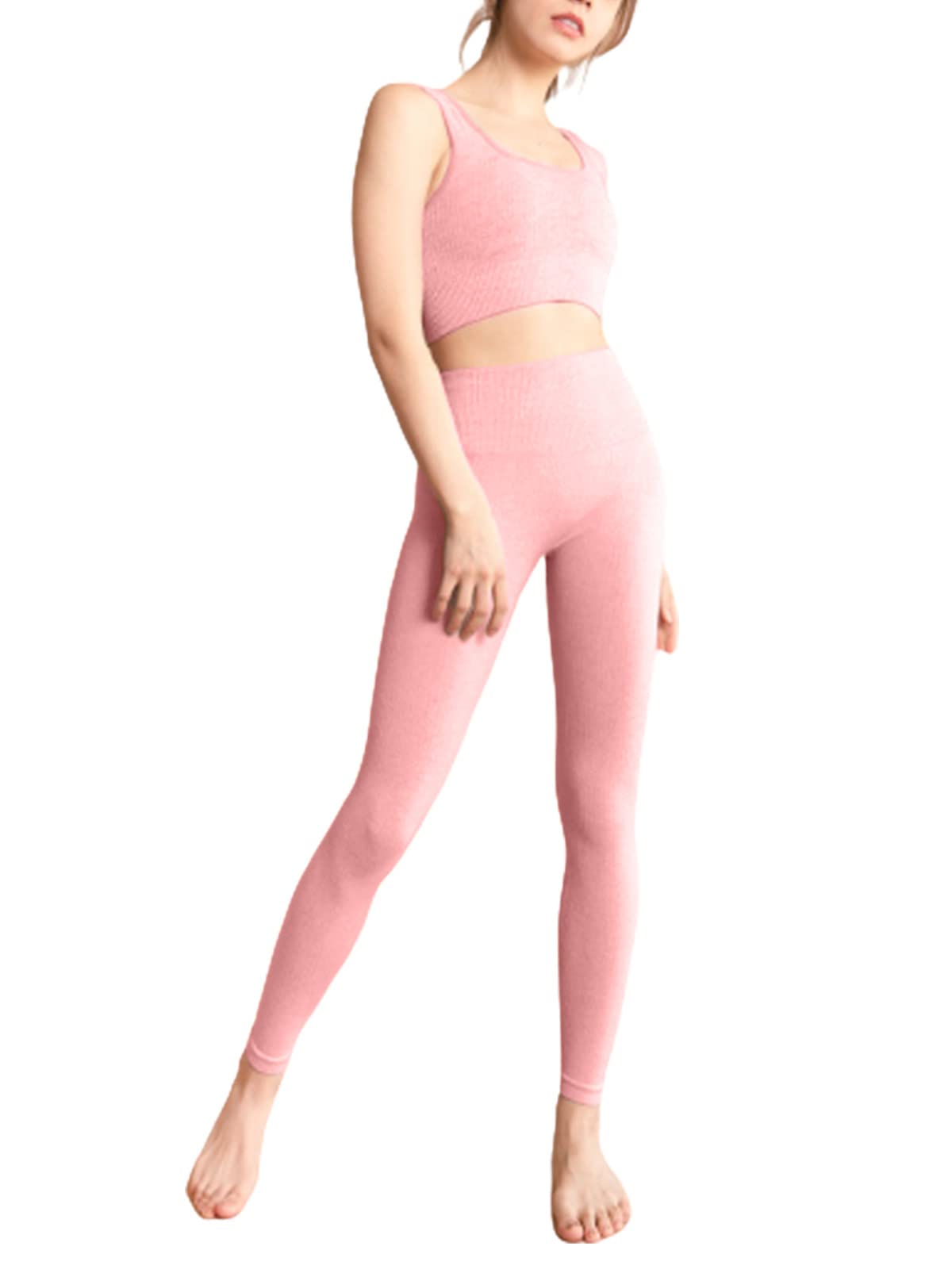 [VeroMan] ヨガウェア レディース 上下セット レギンス スポーツブラ カップ付き リブ おしゃれ ppi-ribyogawear ピンク, L 5,154円