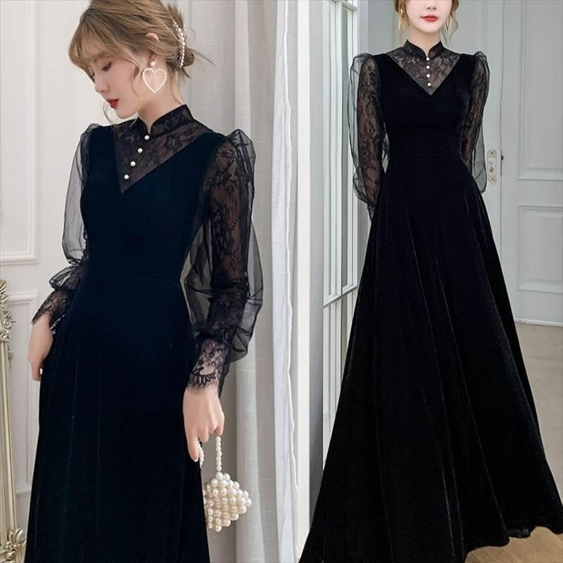 おしゃれロング ドレス パーティードレス 個性的 黒 袖あり 長袖 レース おしゃれ 結婚式 二次会 お呼ばれ フォーマル 演奏会 発表会 大人 かっこいい-209