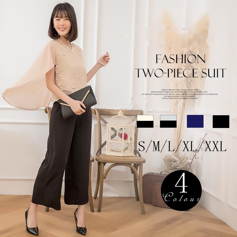 レディースフィットドルマンスリーブシフォンレースステッチトップワイドレッグパンツセット88288