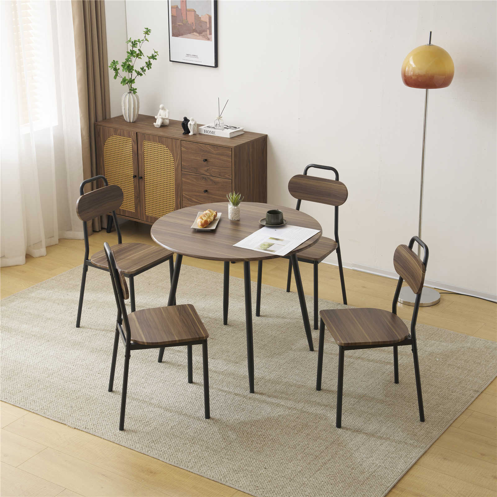 【日本国内出荷-3日で配達】韓国版新金 ファッション ダイニング 5点セット ダイニングテーブル ダイニングセット ブラウン 食卓 チェア4脚 コンパクトサイズ 4人掛け おしゃれ DJYC97