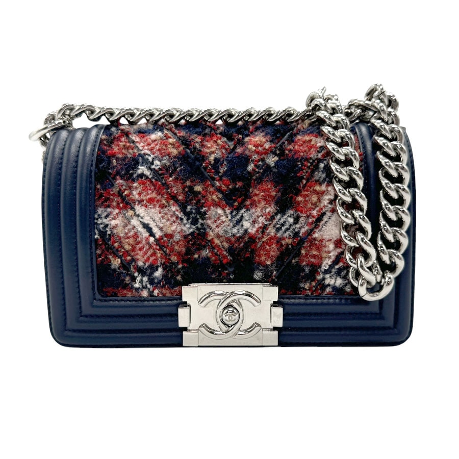 シャネル CHANEL ショルダーバッグ ツイード/レザー レッド/ネイビー シルバー レディース z2965