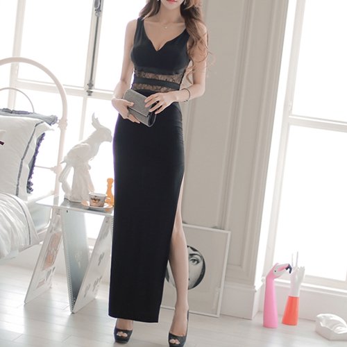 【取寄：納期2週間】キャバドレス パーティー お呼ばれ ロングドレス 黒 セクシー スリット シースルー レース