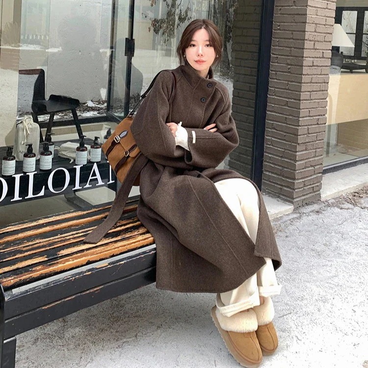 両面カシミアコート レディース シングルボタン ベルト付き ミディアムロング ゆったり 両面ウールコート