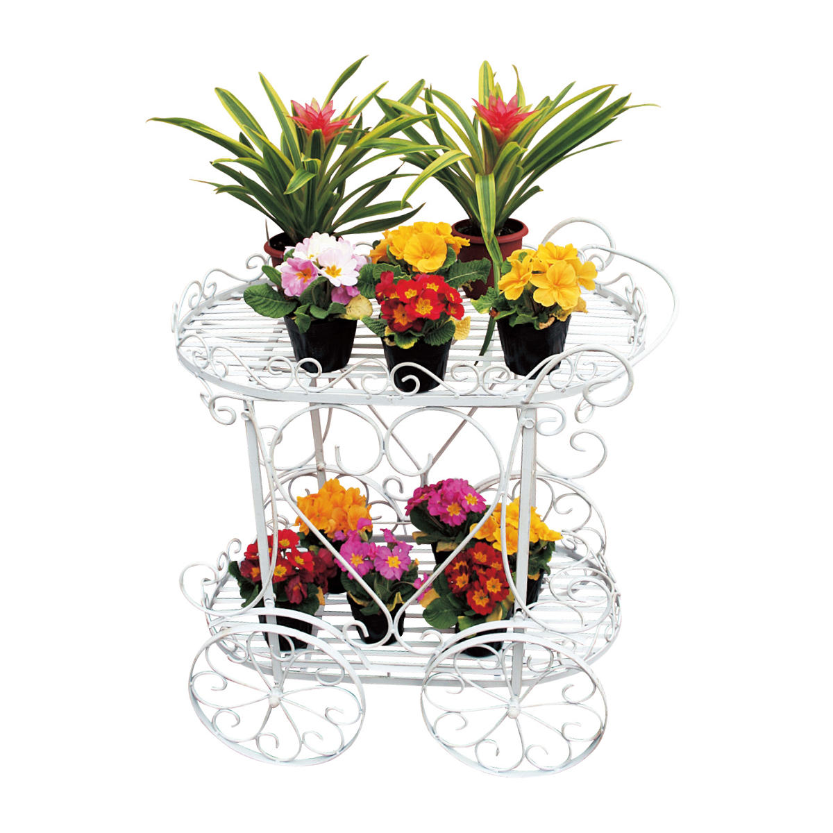 フラワーワゴン 2段 車輪 フラワースタンド ワゴン 花台 フラワーラック プランタースタンド 飾り 車 花スタンド ラック ディスプレイ ボックス 置く 植物 観葉植物 花 園芸 アイアン
