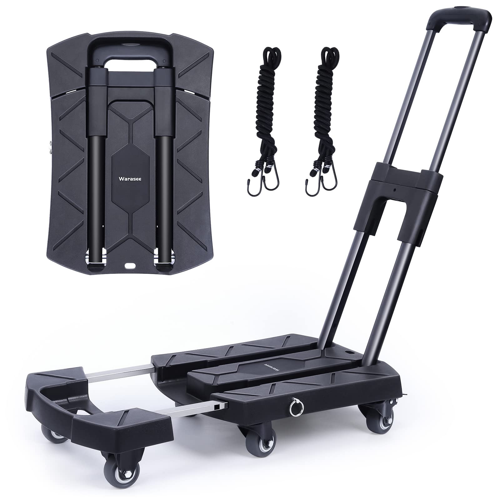 Warasee 台車 折りたたみ 軽量 静音 31×45cm 耐荷重250KG 伸縮荷台 平台車 コンパクト 手押し ストッパー付き キャリーカート 6キャスター ハンドル3段調節 女性も向き 固定ロ