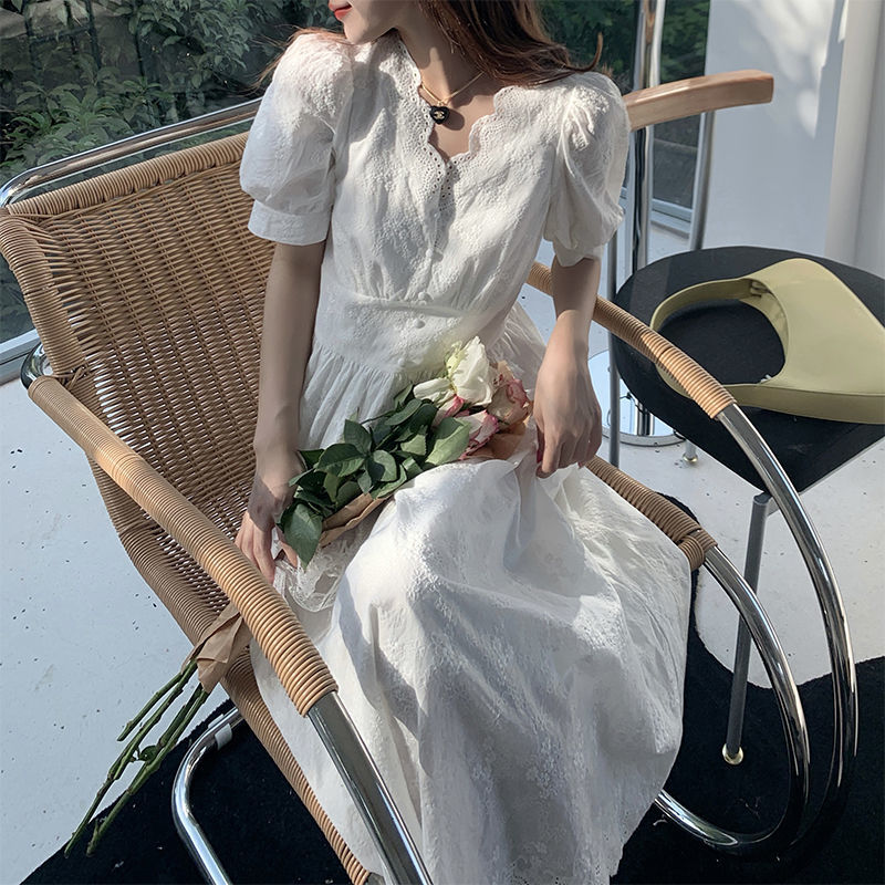 パフスリーブホワイトドレス2025レディースサマースカートミッドレングスウエストロング初恋スカート