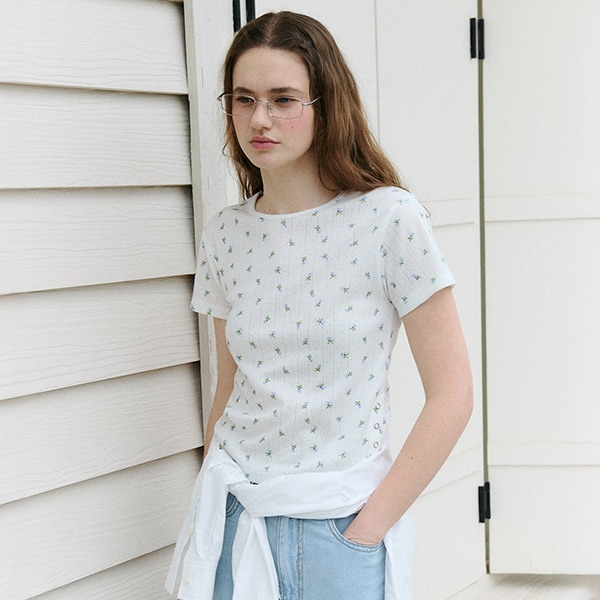 SIDE SLIT FLOWER T-SHIRT WH BL