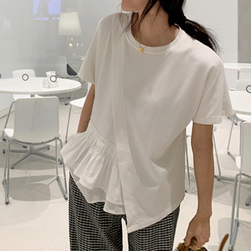 トップス レディース Tシャツ S M L XL 韓国 ミディアム丈 半袖 ラウンドネック ワイド アシンメトリー 切り替え 裾フレア フリル かわいい 大人可愛い シンプル カジュアル エレガント