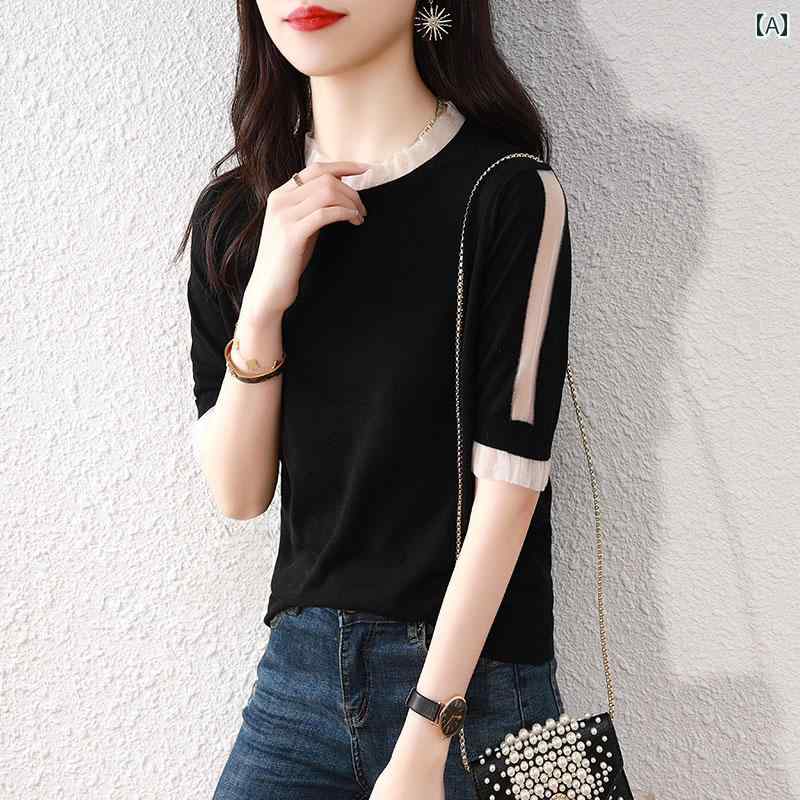 トップス レディース おしゃれ 上品 通勤 オフィス カジュアル 新 レース テンセル 半袖 Tシャツ 夏 薄手 涼しい 涼しい ひんやり 快適 ニット 黒 シャツ