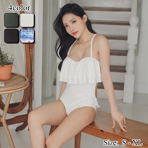 【グラシア】 水着 モノキニ レディース ビーチウェア スイムウェア 流行 海 プール ウエストカット カット クロス ストリング フリル ボディライン モノキニ 胸元 グリーン ホワイト ブラック