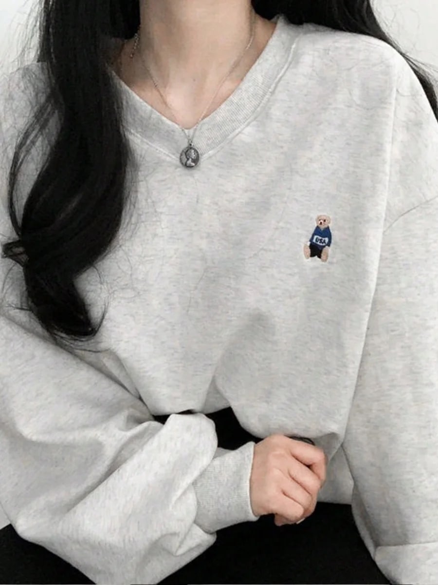 韓国シックな春と秋グレープルオーバースウェットシャツ女性のルーズフィット痩身 V ネック刺繍長袖トレーナー - 200000345