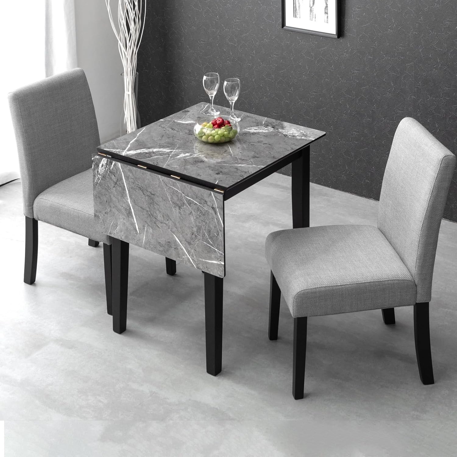 82101020 (90753) Extendable Dining Table, Chairs, 3-piece Set, 23.6 inches (60 to 90 cm), Marble-Sty