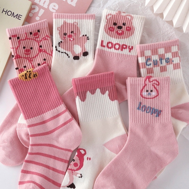 ピンクの子供の靴下春と秋の中筒露比アニメ綿の中の子供の女の子の赤ちゃんの中学生の高腰の女の子の靴下