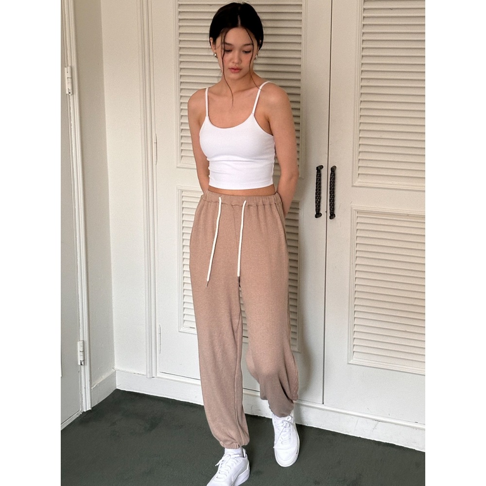 INJIACTIVE リブニットジョガーパンツベージュ