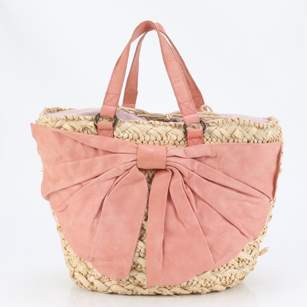 極美品 ラフィア かごバッグ リボン モチーフ ピンク トート バッグ 肩掛け ショルダー ハンド A4 レディース EUE CQ11-7 中古