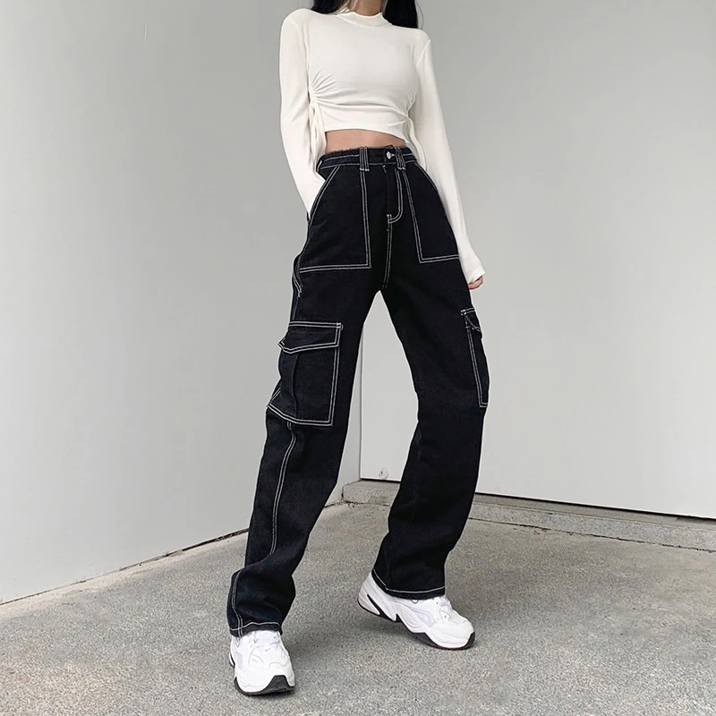 デニムパンツ ハイウエストジーンズ女性ルーズカジュアルワイドレッグワークズボン