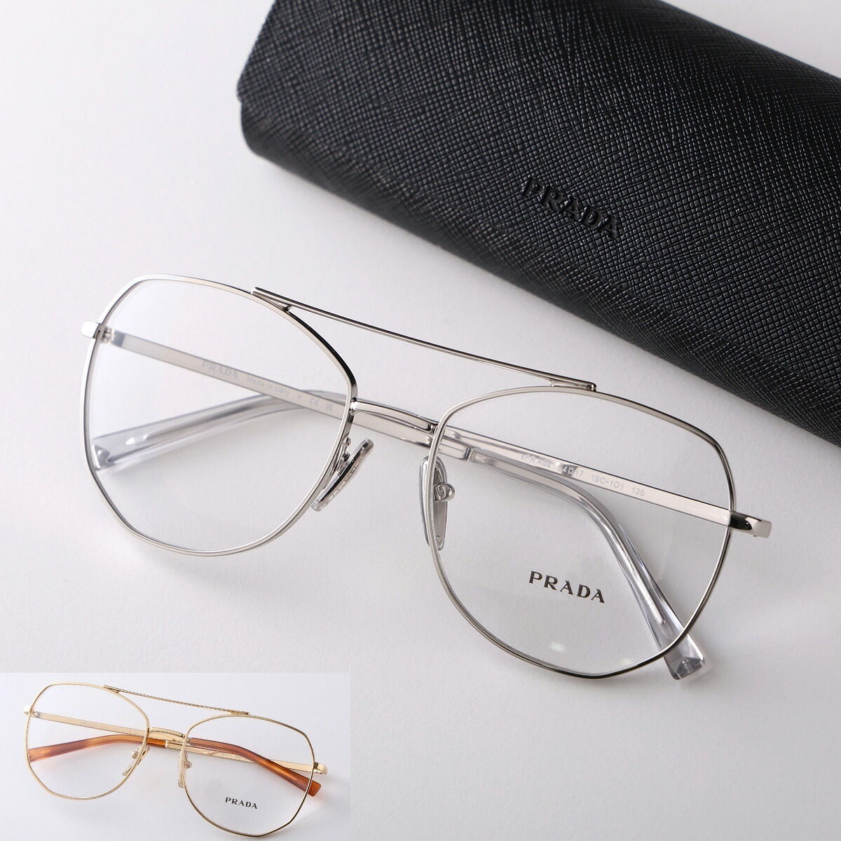 PRADA プラダ メガネ VPR A58 レディース メンズ ポリゴン型 ダブルブリッジ メタルフレーム クリングスタイプ めがね 眼鏡 ロゴ 1BC-1O1