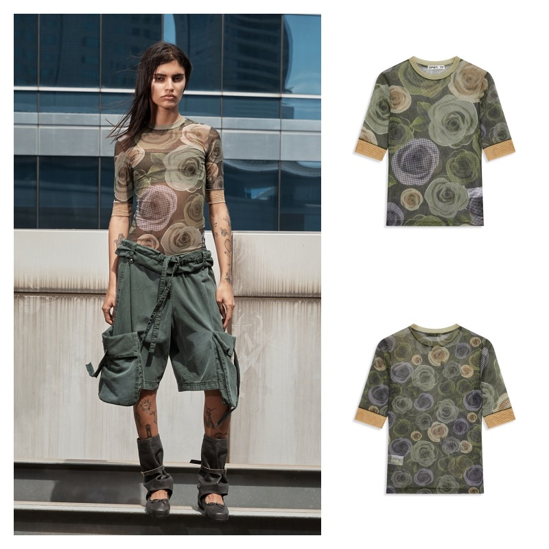 【OPEN Yy】 ROSE MESH TOP : KHAKI