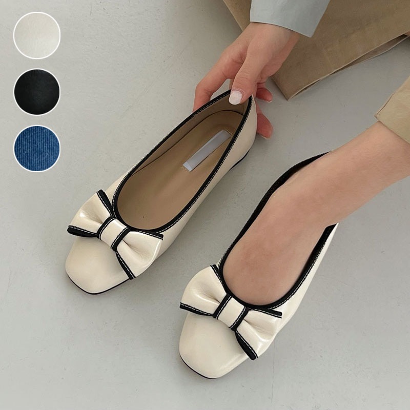 3color 女性らしいリボン付きデザイン 丸いスクエアトゥ 配色．バイカラー ローヒール パンプス．フラットシューズ