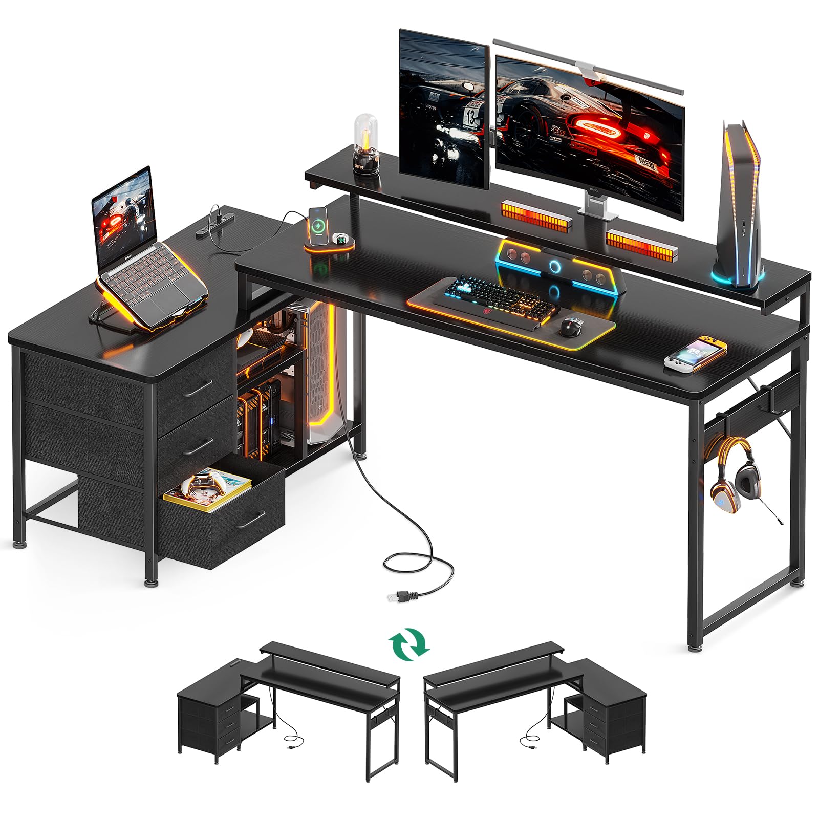 パソコンデスク 引き出し付き ゲーミングデスク コンセント付き l字デスク デスク 机 幅173*100 pcデスク 棚付き desk 収納 オフィスデスク 仕事用 在宅勤務 組立 44219
