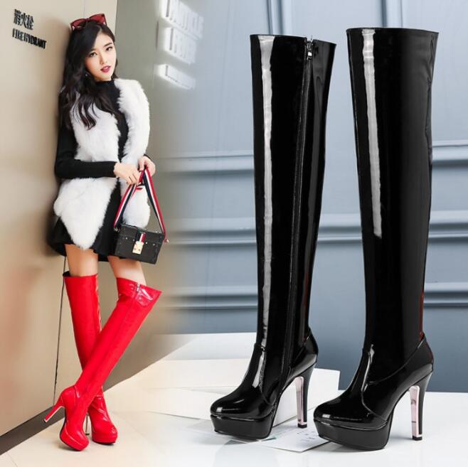 お得セットレディースブーツ　ニーハイブーツ　エナメル　11.5センチ　ハイヒール　光沢　ロング丈　秋冬　春秋　サイハイブーツ　大きいサイズ　小さいサイズ　ピンヒール　スーパーロングブーツ ダンス　舞台