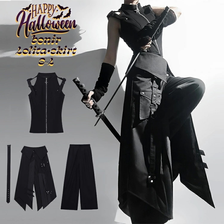 ハロウィン ゴシック服 パンクスタイル トップ+ベスト+スカート+パンツ 4点セット ブラックデザイン バットモチーフ ストラップジッパーたっぷり レディース ハロウィンパーティー コスプレ衣装 おし
