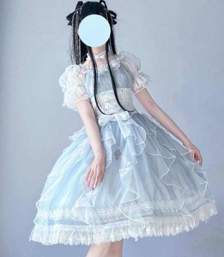 ロリータ ワンピース 甘ロリー ロリータ服 半袖 膝丈 ショート丈 ロリィタ ワンピース チュール レース リボン フリル 可愛い ゴスロリ コスチューム Lolita お姫様 茶話会 プリンセスドレ