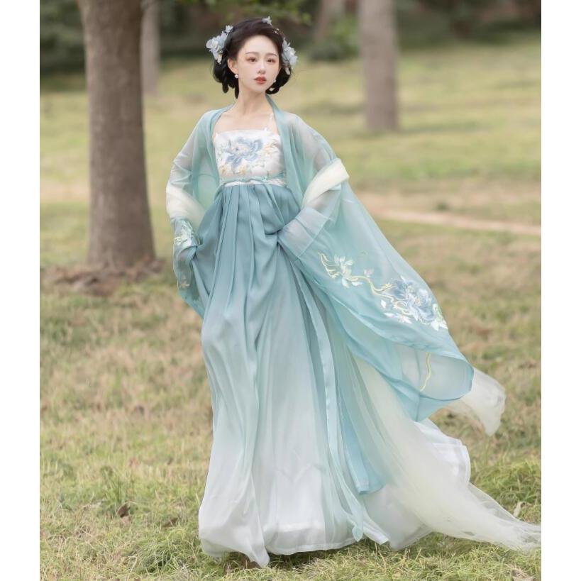 漢服3点セット レディース 唐朝 中国古代服装 振袖羽織カバー付き 大きい花刺繍 ストール付き 中華宮廷 皇后 貴妃 変身 コスプレ衣装 グラデーション 水色 緑色
