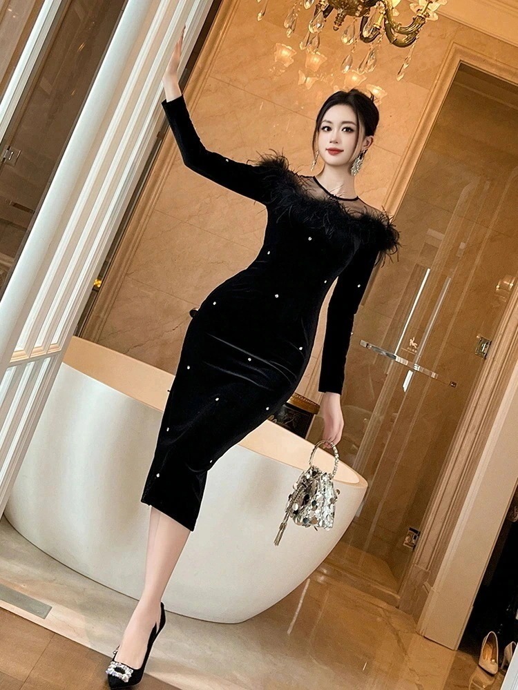 JY.上品 2024春冬 一字襟 ベルベット ワンピース ダイヤモンド飾り パーティードレス キャバ 着痩せ 大人 お呼ばれ 同窓会 披露宴 卒業式 結婚式 ウェディング 二次会 成人式