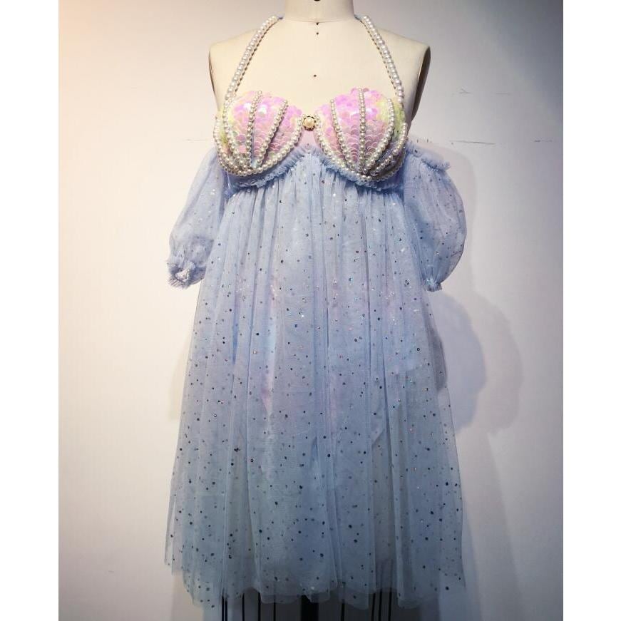 手作り 人魚姫 水着 お姫様 きらきら ワンピース ビキニ 2点セット パール スパンコール ビーズ グラデーション チュール キュート 袖フリル オリジナル 人魚姫30%までに制限コスチューム一式