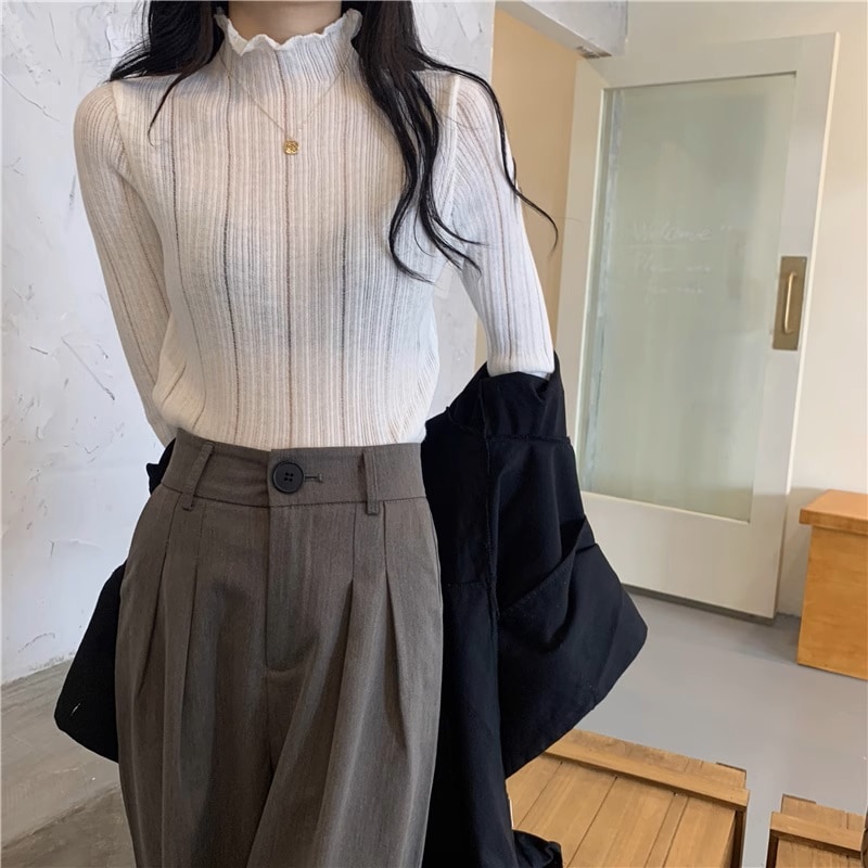 トップス デート モテアイテム ニットソー 長袖 ハイネック 透け感 シースルー 薄手 可愛い きれいめ 上品 おしゃれ かっこいい 可愛い ラブリー キュート ガーリー クール モード系