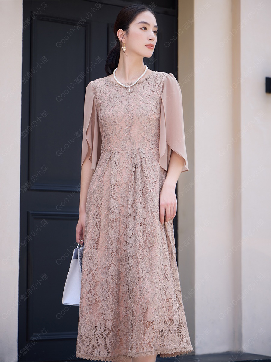 cuiying日系フレッシュで甘いシフォンキルティング中袖丸首ロングレースワンピース88530パーティードレススカート-92 6,002円