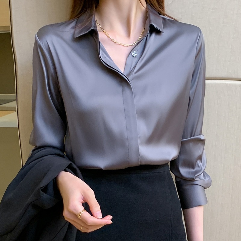 【1つ買うと10つ無料】春の女性のための春と秋のサテン長袖シャツ