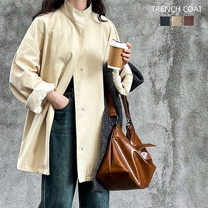 トレンチコート レディース ボリューム袖 オーバーサイズ 春秋 コート コットン 綿 アウター 長袖 ライトアウター ジャケット 立ち襟 ショートコート ゆったり 大きめ サイドポケット 裏地付き 春