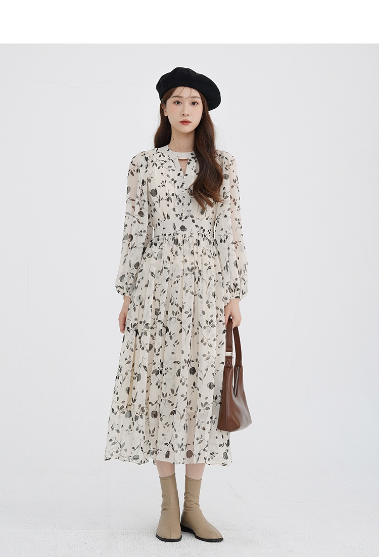 花柄スカート 冬 春 優しくて甘いデザイン ワイドスリーブ ミドル丈 Aラインワンピース レディース XS S M L ワンピース フレアスカート ワンピドレス ロング 襟付き フレア プリーツ