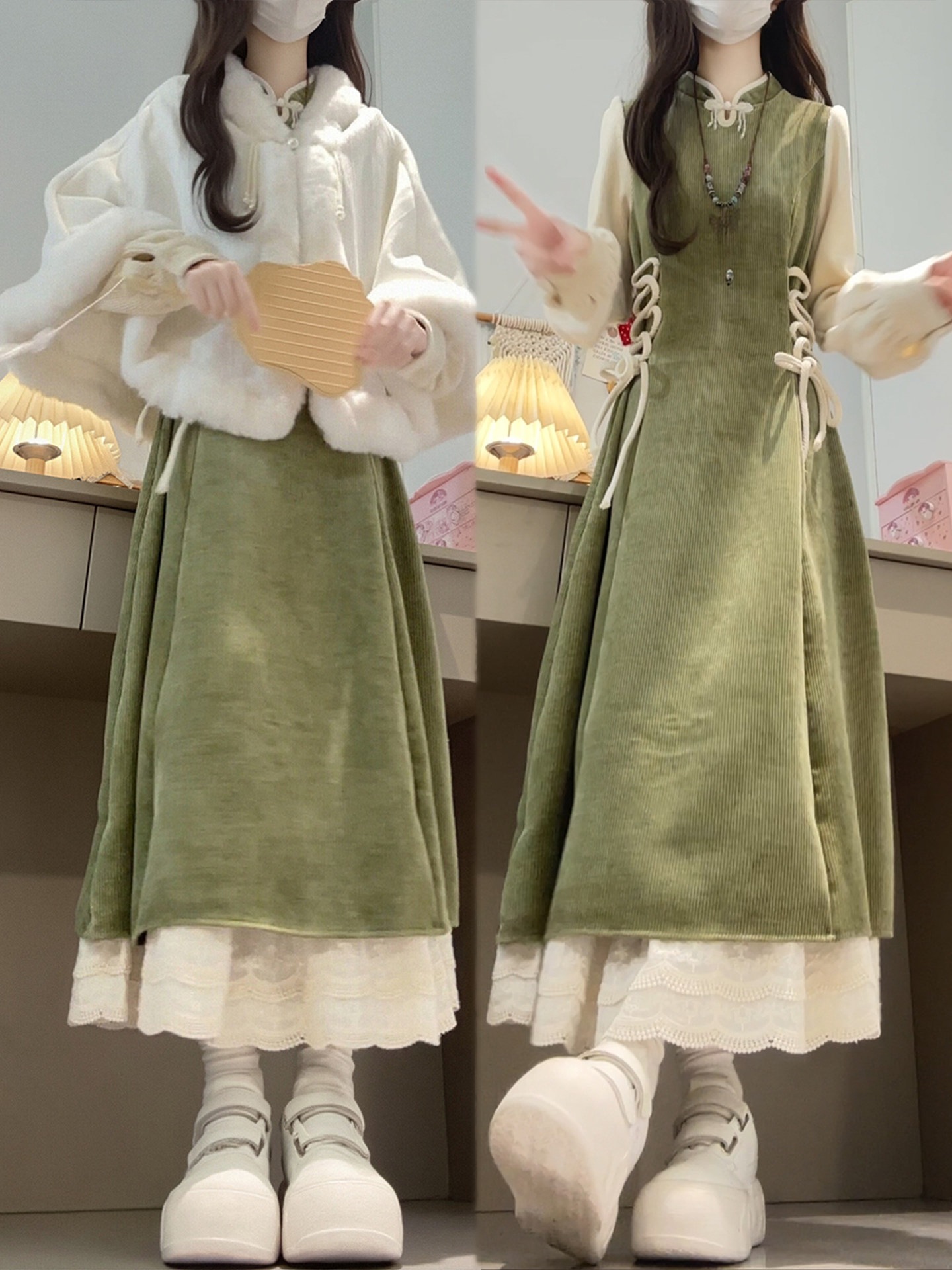 （ライトなし） とても美しい冬の服一式新しい中国風の国風マントコートユニークで美しい緑色のセット（女性用）