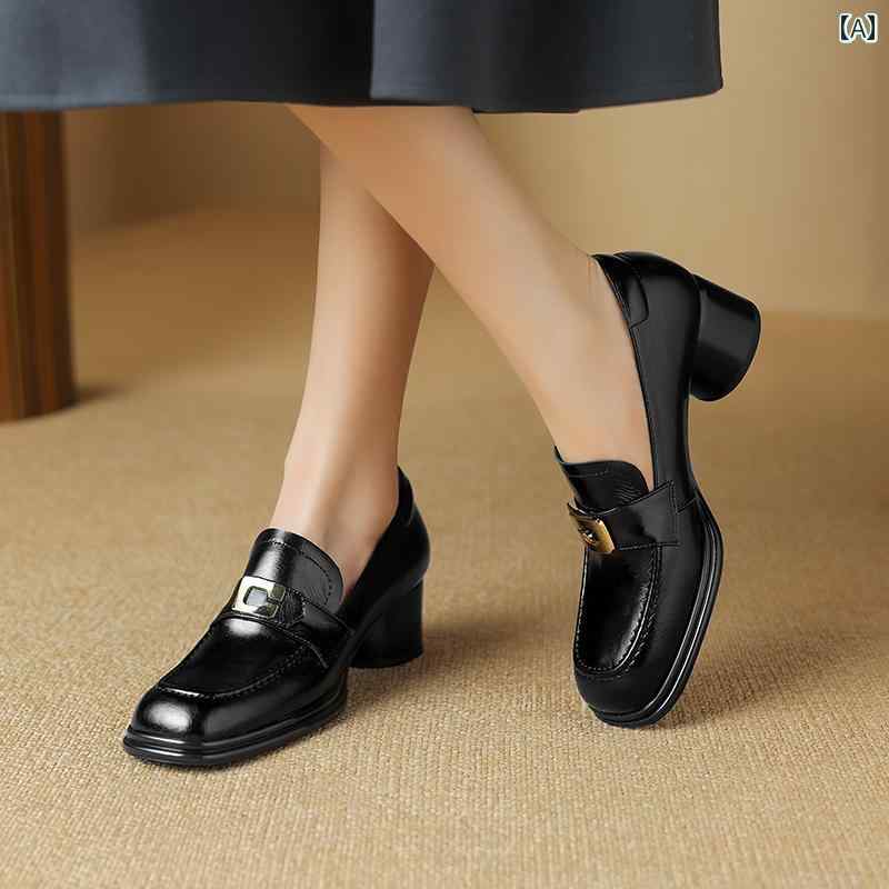 ローファー レディース オフィス 通勤 仕事 最上層 牛革 女性 春 スタイル フレンチ レトロ ディープ マウス 厚手 ヒール ハイヒール シングル シューズ スクエアトゥ メタル バックル 小さい