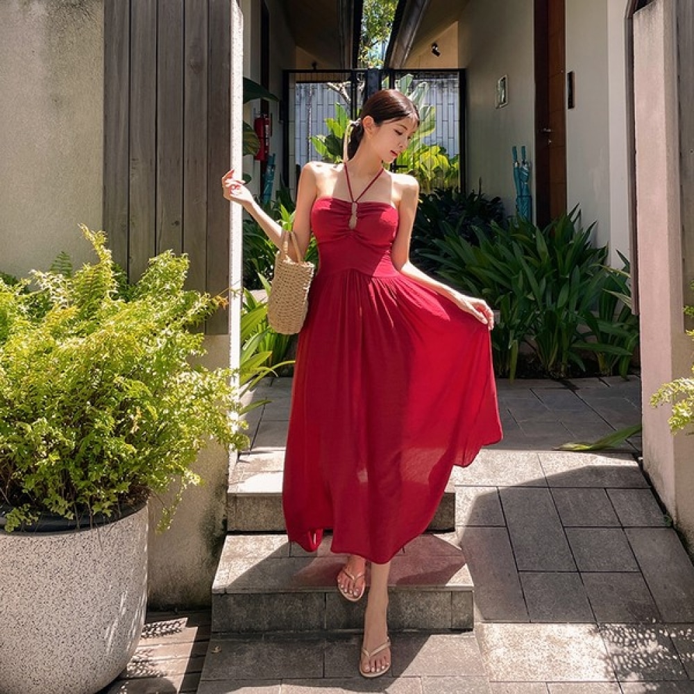 (Vivarup) コタビーチドレス OP20059F サマーホルターナシシャーリングバックレスロングバケーションバケーションルック