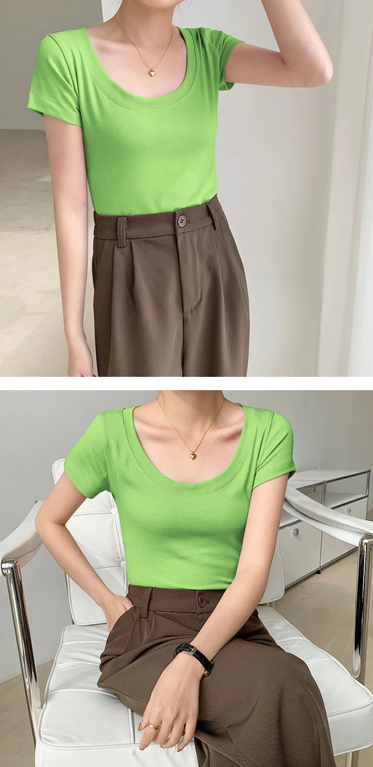 Uネック 半袖 Tシャツ トップス カットソー 無地 シンプル 春 夏 おしゃれ 楽ちん 大人かわいい カジュアル きれいめ 綿 コットン 韓国ファッション