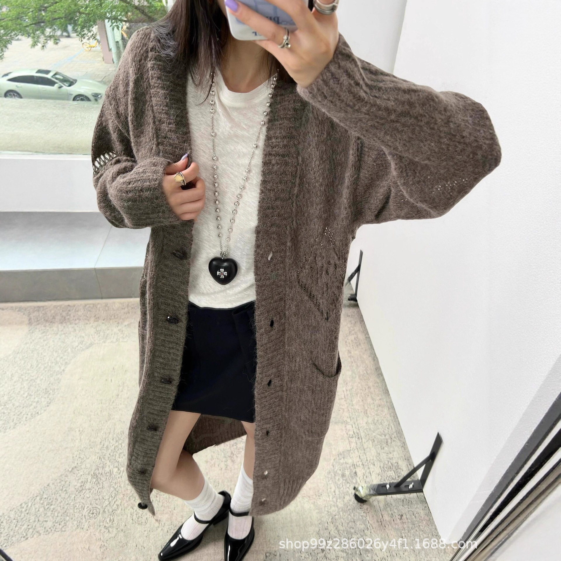 南優品質25SS初秋新作アルパカウール中空ニットセーターダイヤモンドメッシュ長袖カーディガンロングスタイル