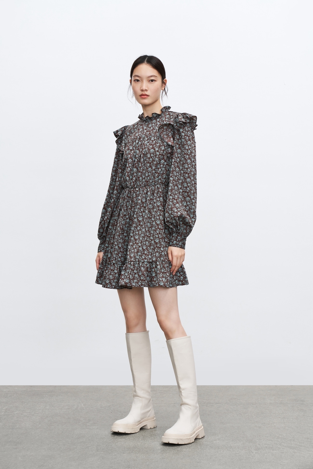 女性 レディース レトロ 花 スタンド カラー トレジャー ミニ丈 ドレス ワンピース ブラウン S M L XL ワンピース 膝上 袖あり 長袖 かわいい 大人可愛い きれいめ シンプル 大人 上品