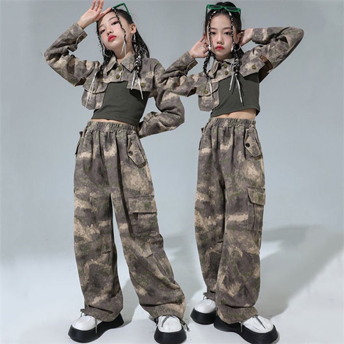 ダンス衣装 3点セット ヒップホップ 女の子 ステージ衣装 キッズ ダンス衣装 セットアップ ジャズダン ダンス HIPHOP jazz ファッション カッコイイ アーミーグリーン 中国風 演出服 舞