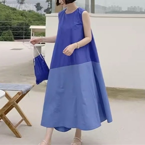 レディース ワンピース プルオーバー ロング 袖なし ノースリーブ ラウンドネック Aライン かわいい 大人可愛い きれいめ シンプル カジュアル 上品 おしゃれ レトロ ラフ ルーズ 存在感